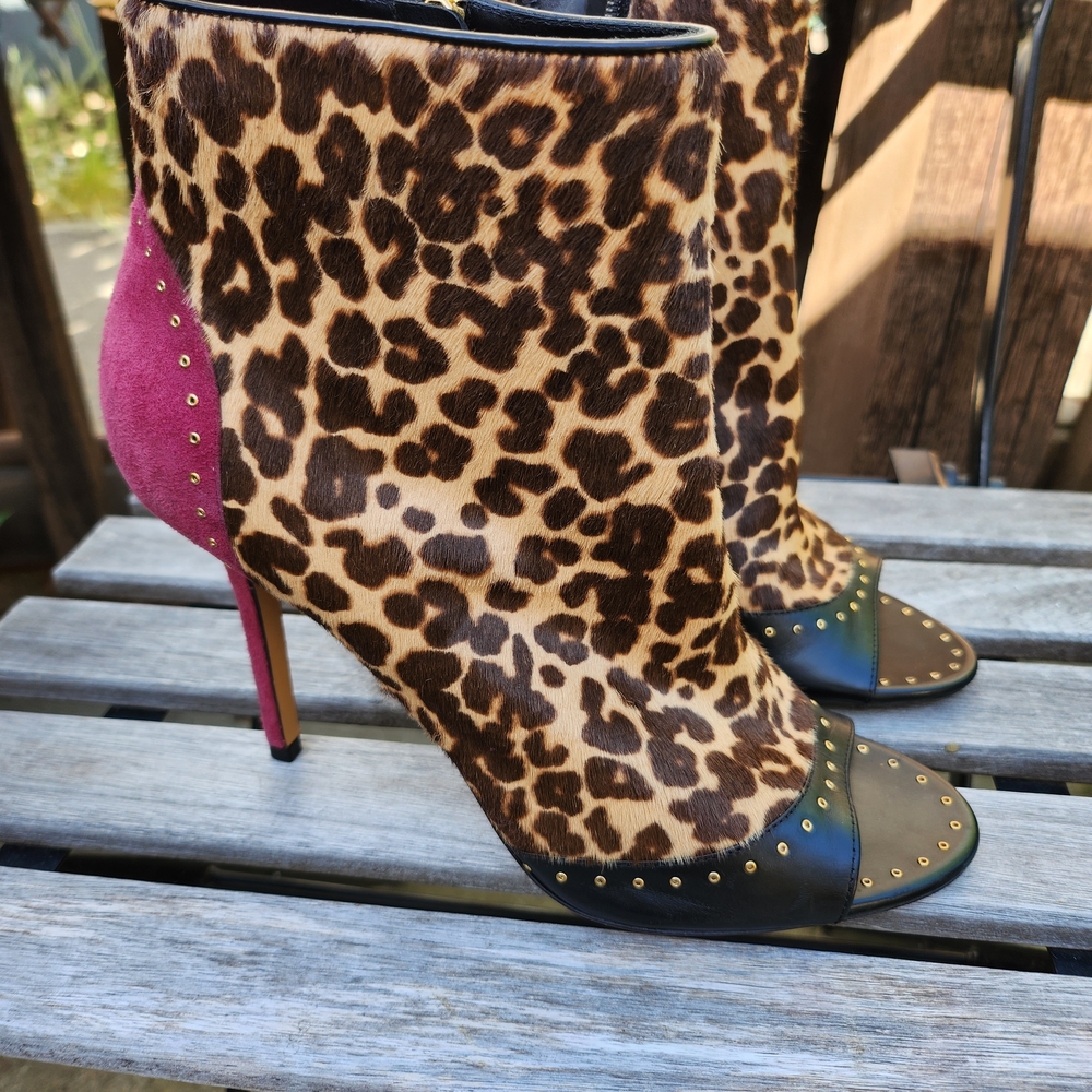 Salvatore Ferragamo Leopard Print Ankle Boots with Pink Suede Heel